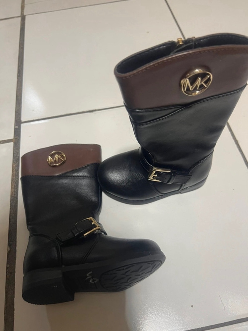 Michael Kors Black and Brown Kids Logo Buckle Mid-Calf Boots